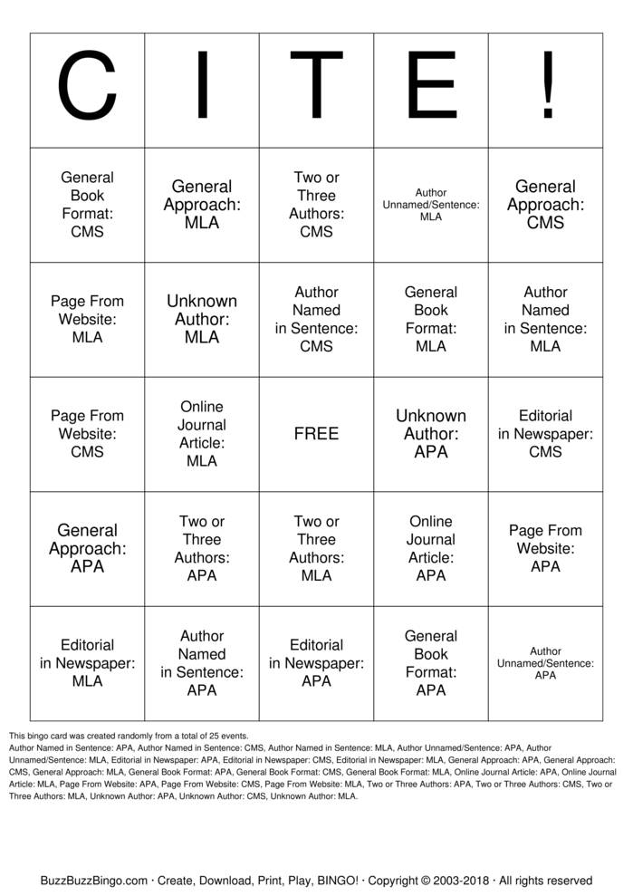 Download Free CITATION Bingo Cards Download Free CITATION Bingo Cards