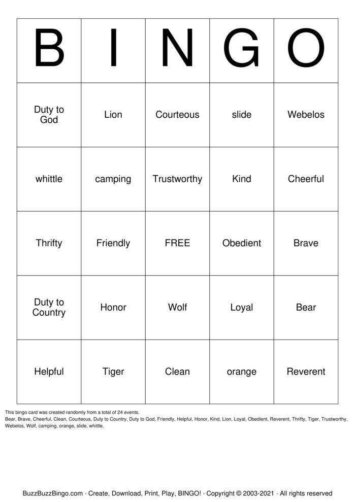 Download Free Cub Scouts Bingo Cards Download Free Cub Scouts Bingo Cards