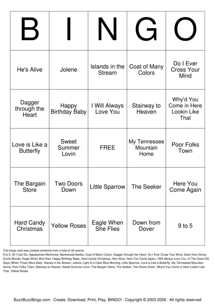 Download Free Dolly Parton BINGO Bingo Cards