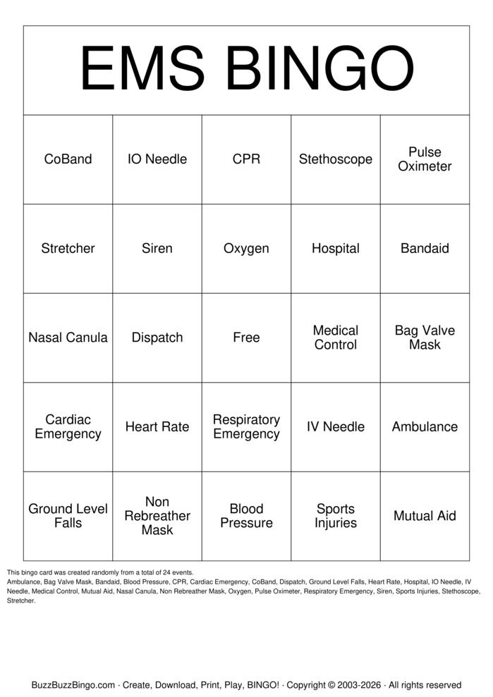 Download Free EMS BINGO Bingo Cards Download Free EMS BINGO Bingo Cards
