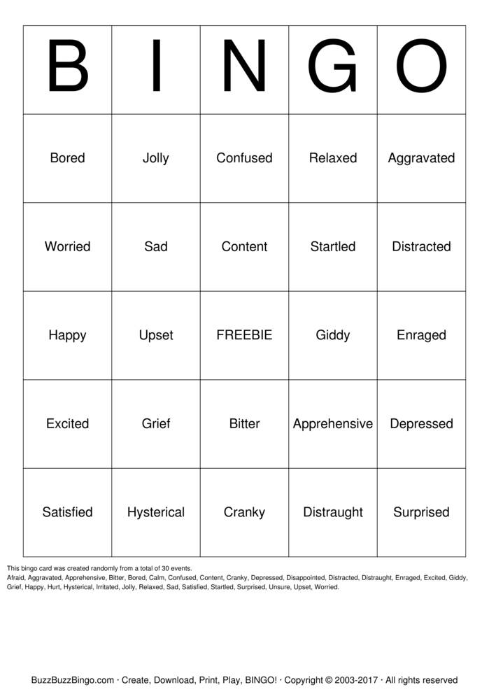 Download Free Emotions Bingo Cards Download Free Emotions Bingo Cards