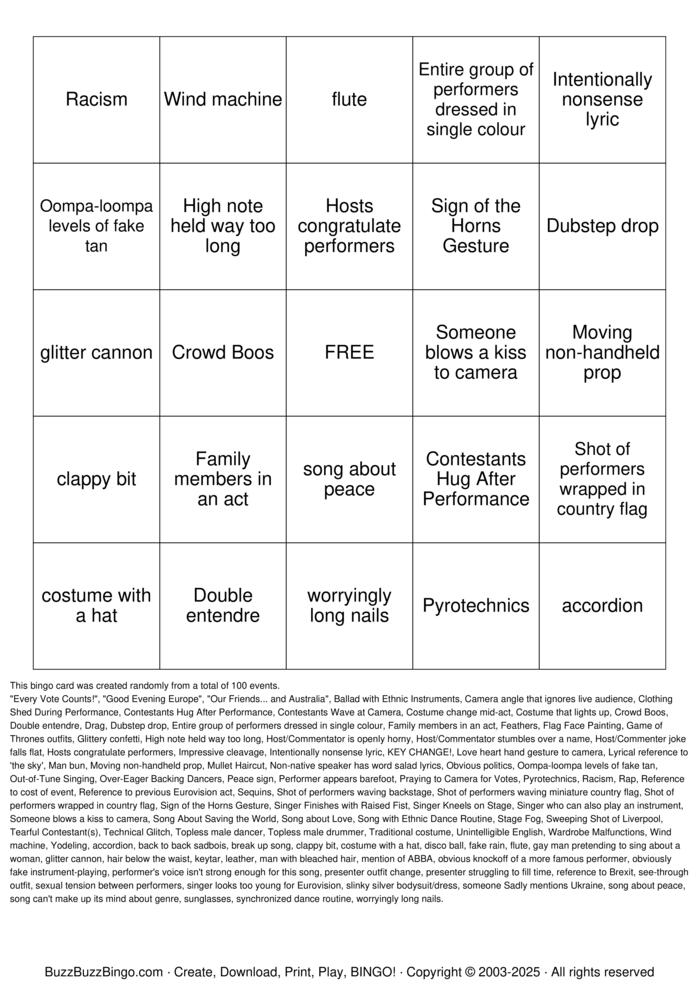 Download Free Eurovision! Bingo Cards