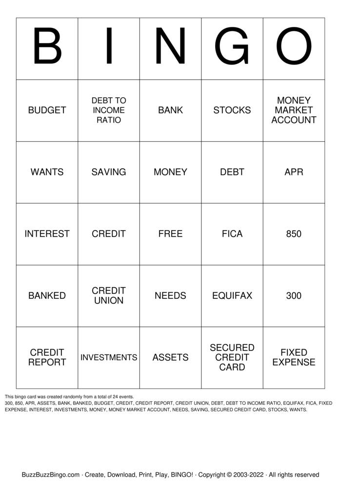 Download Free FINANCIAL LITERACY Bingo Cards