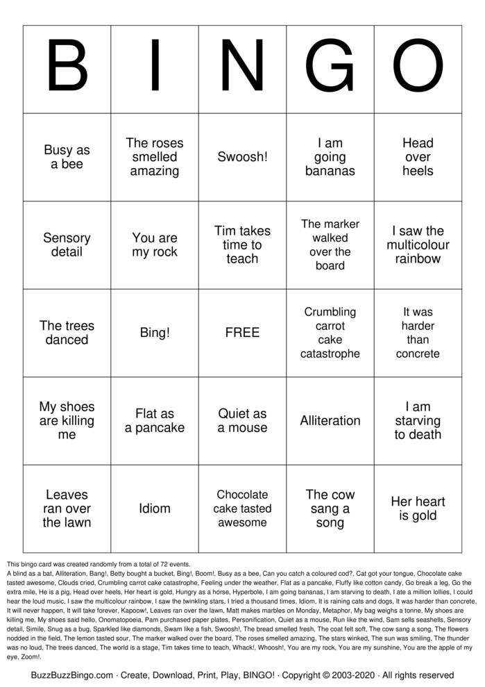 Download Free Figurative Language Bingo Cards