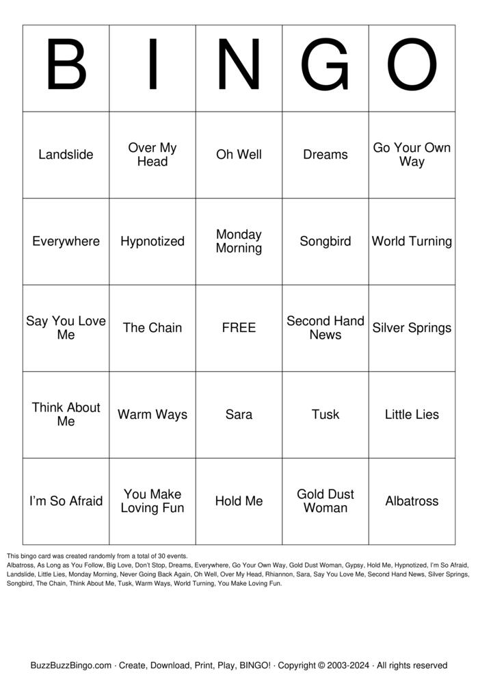 Download Free Fleetwood Mac Songs Bingo Cards