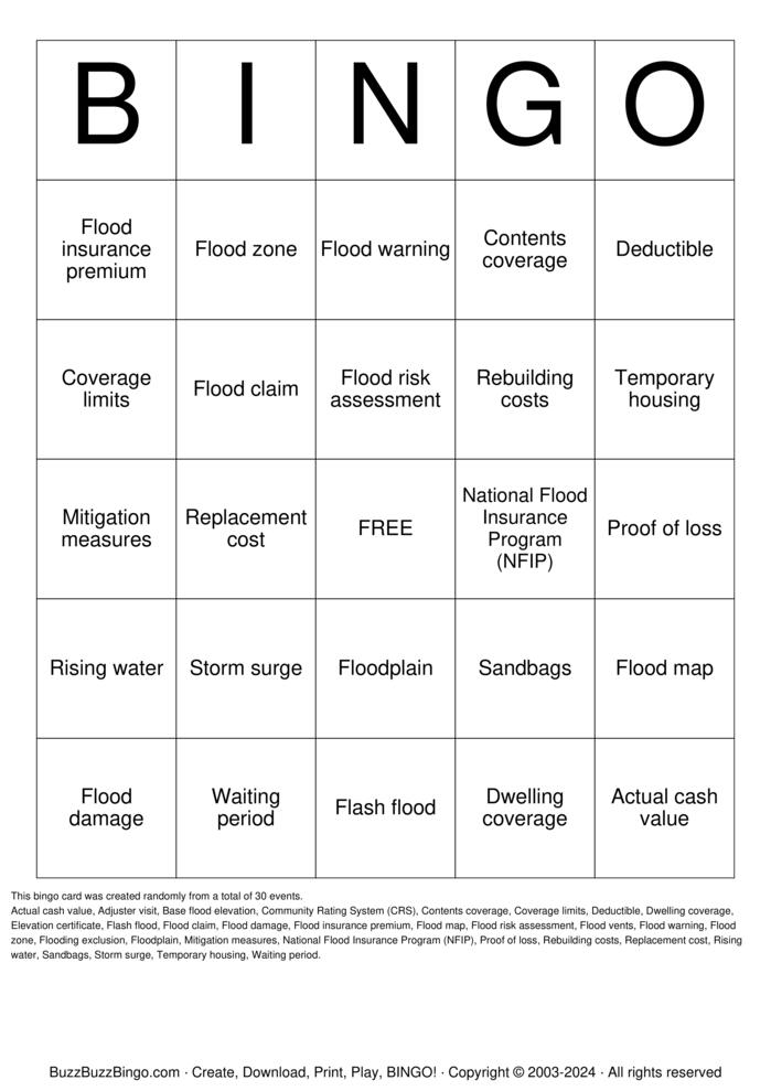 Download Free Flood Insurance Bingo Cards