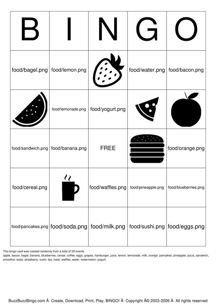 Download Free Food and Drink names Bingo Cards