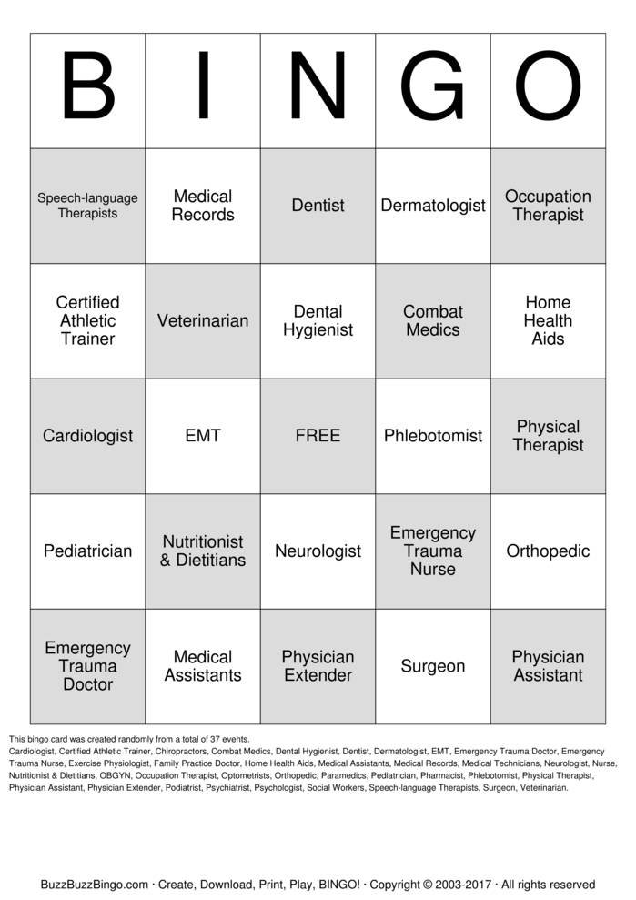 Health Care Careers Bingo Cards To Download Print And Customize Health Care Careers Bingo Cards To Download Print And Customize