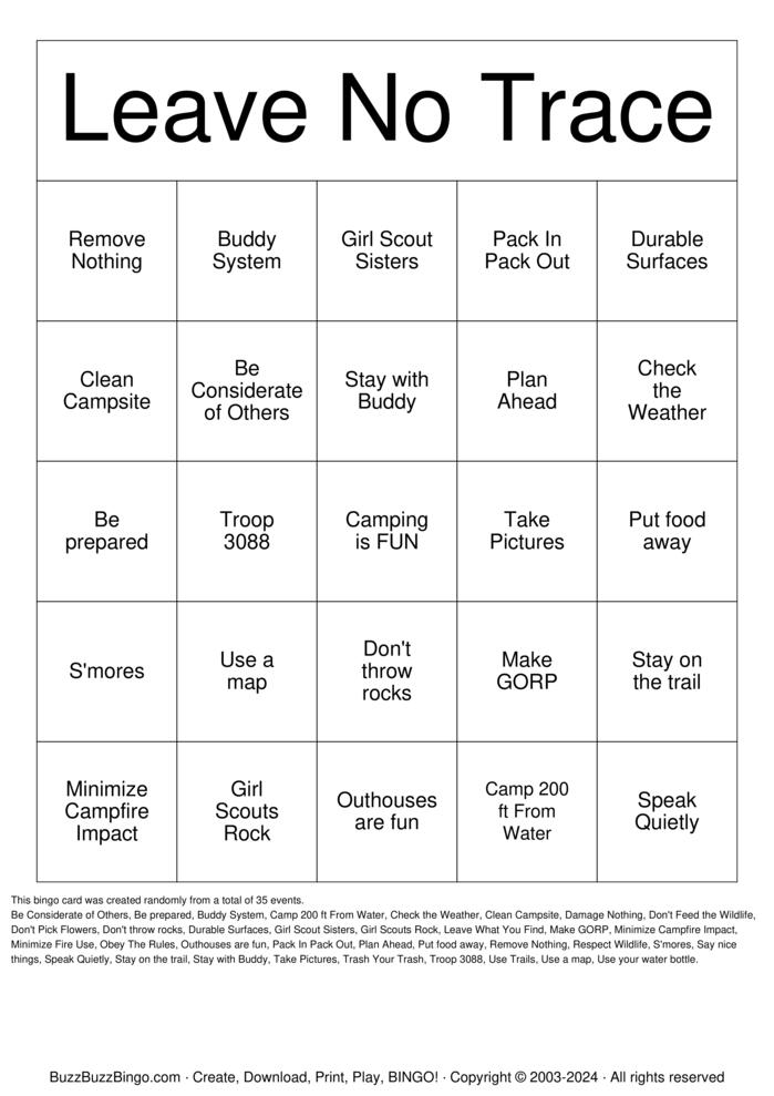 Leave no trace Bingo Cards to Download, Print and Customize!