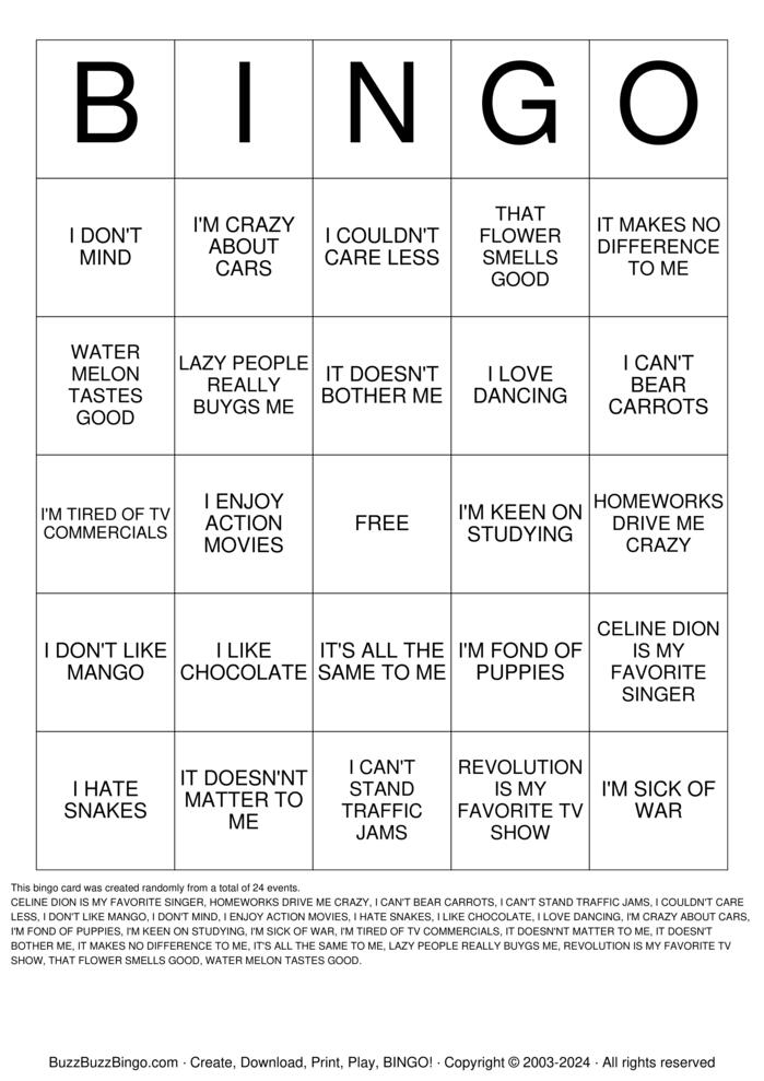 Likes / Dislikes Bingo Cards to Download, Print and Customize!