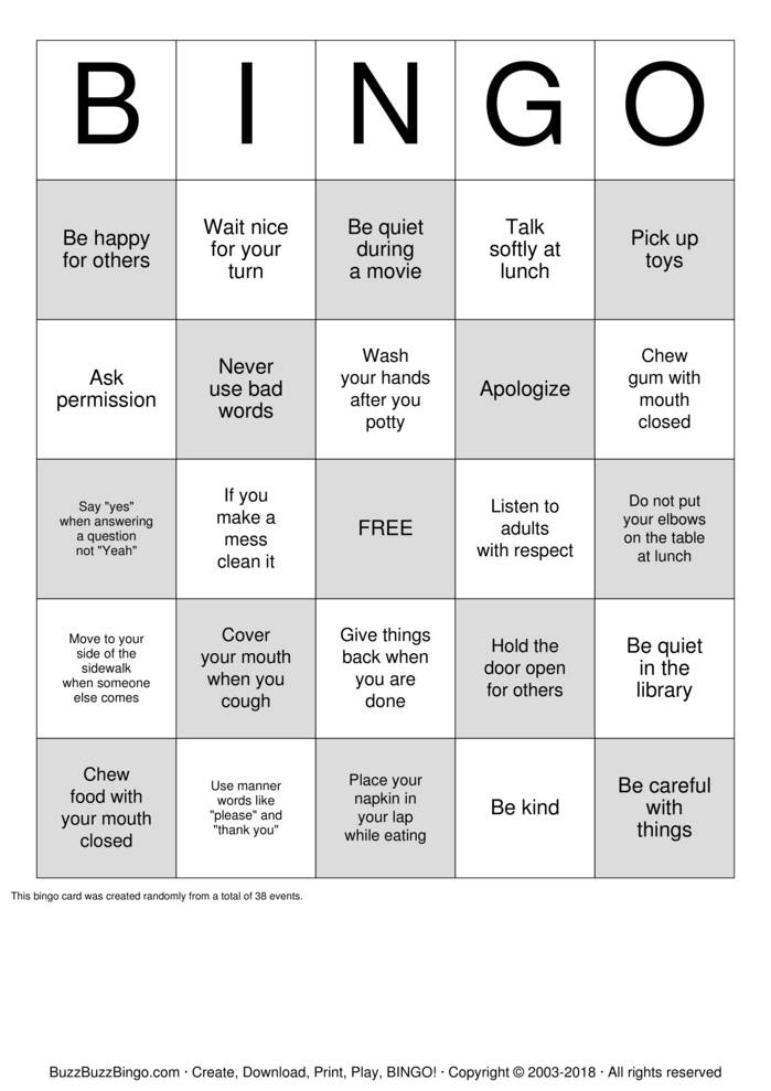 Manners Bingo Cards to Download, Print and Customize!