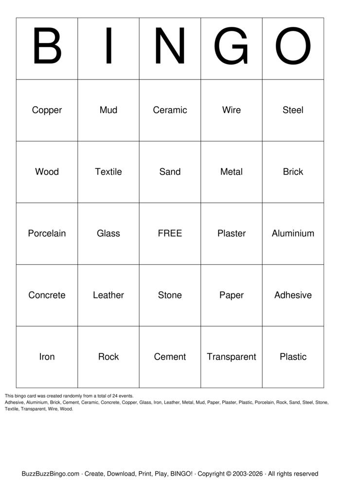 Download Free Materials Bingo Cards