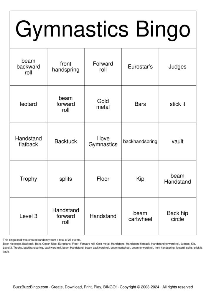 Download Free Miss Trzop?s Gymnastics Bingo Bingo Cards