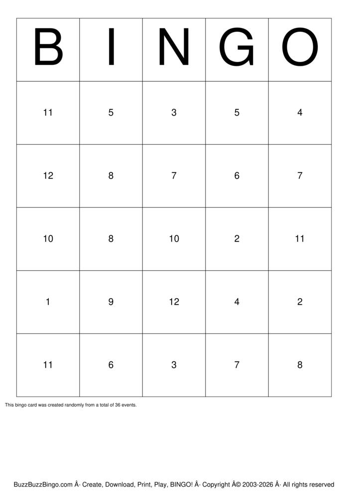 Download Free Numbers 1-12 Bingo Cards Download Free Numbers 1-12 Bingo Cards