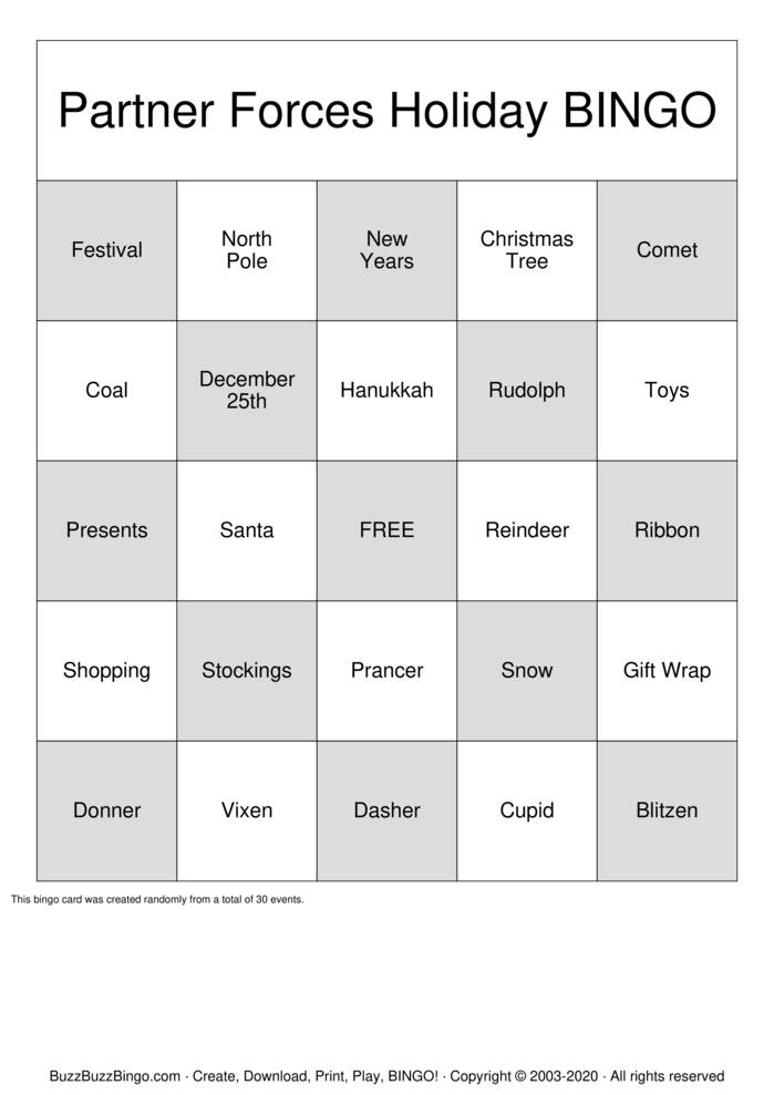 Download Free Partner Forces Holiday BINGO Bingo Cards Download Free Partner Forces Holiday BINGO Bingo Cards