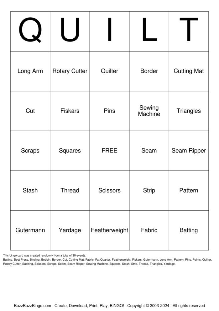 Quilt blocks Bingo Cards to Download, Print and Customize!