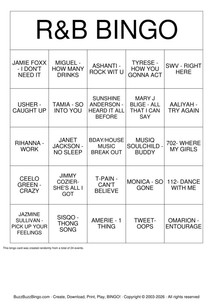 Download Free R&B BINGO Bingo Cards Download Free R&B BINGO Bingo Cards