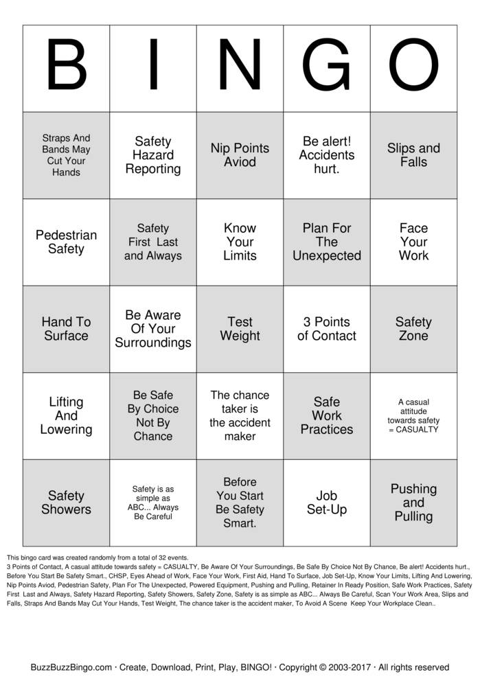 Free Safety Bingo Printable Games