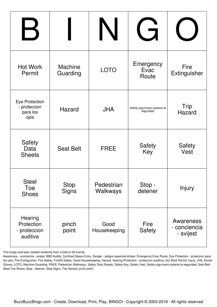 Download Free Safety Bingo Cards