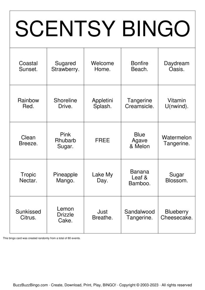 Download Free Scentsy Bingo Cards