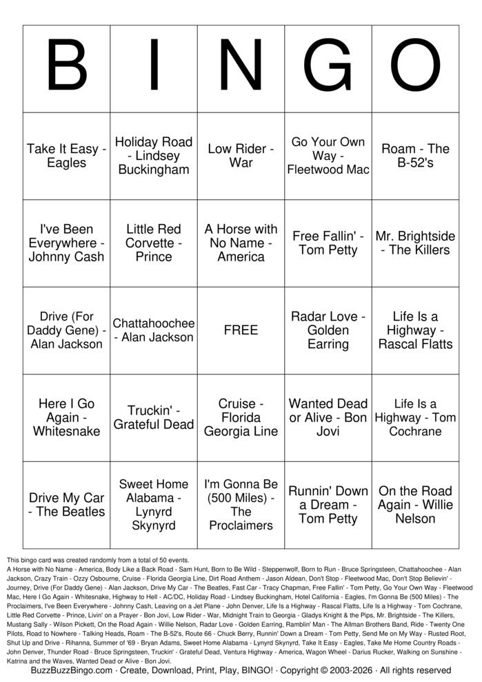 Download Free Summer Road Trip Songs Top 50 Bingo Cards