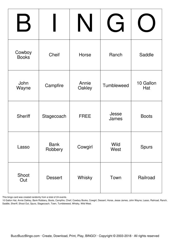 Western Bingo Cards to Download, Print and Customize!