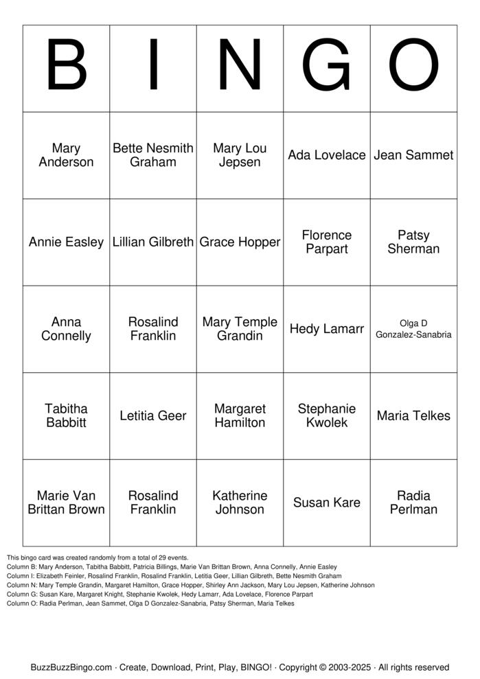 Download Free Women Innovators Bingo Cards