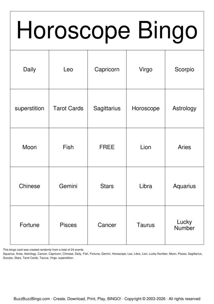 Download Free Zodiac Bingo Cards Download Free Zodiac Bingo Cards