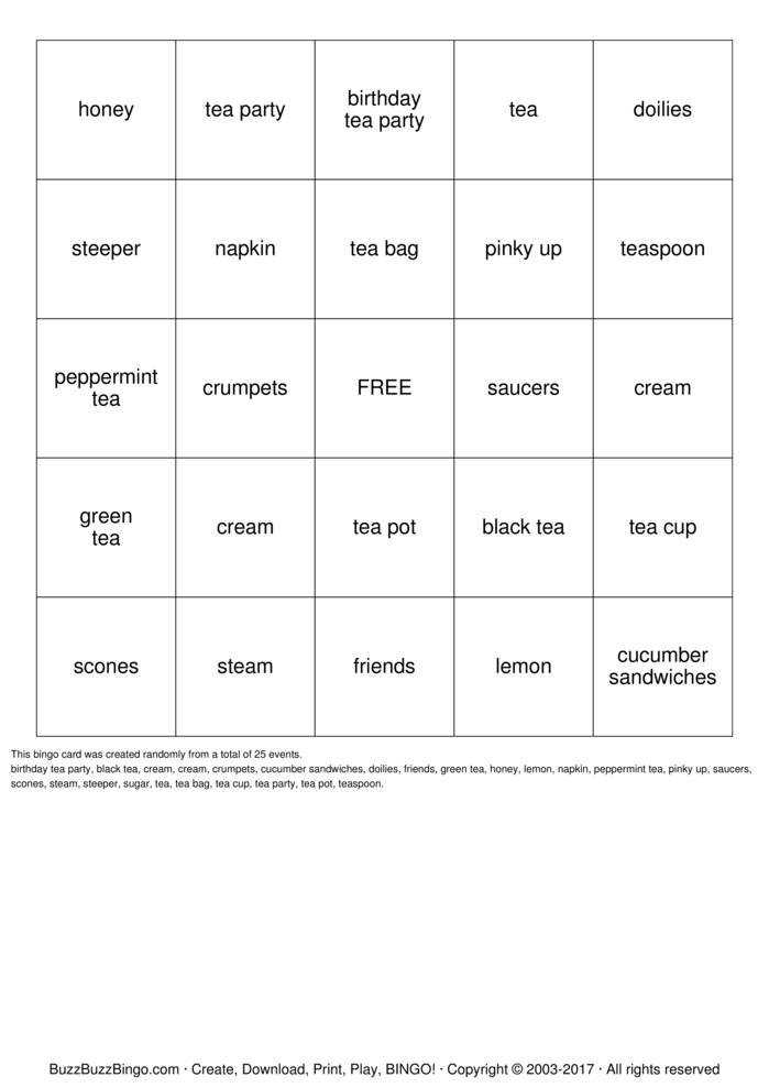 tea party bingo Bingo Cards to Download, Print and Customize!