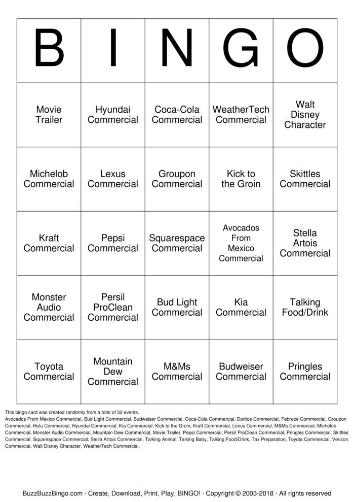 2018 Superbowl Commercials Bingo Cards to Download, Print and Customize!