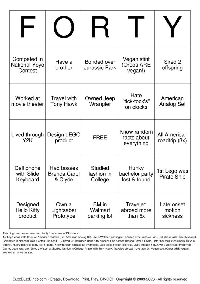 Download Free 40th Birthday Bingo Cards