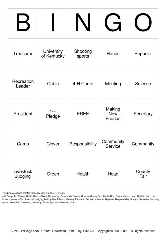 Download Free 4H Bingo Bingo Cards