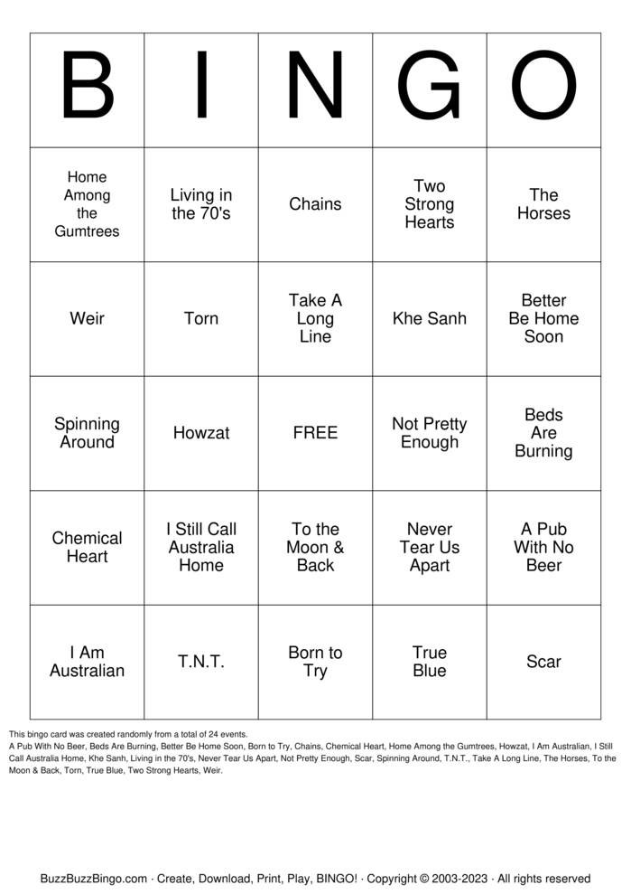 Download Free Australian Bingo Cards