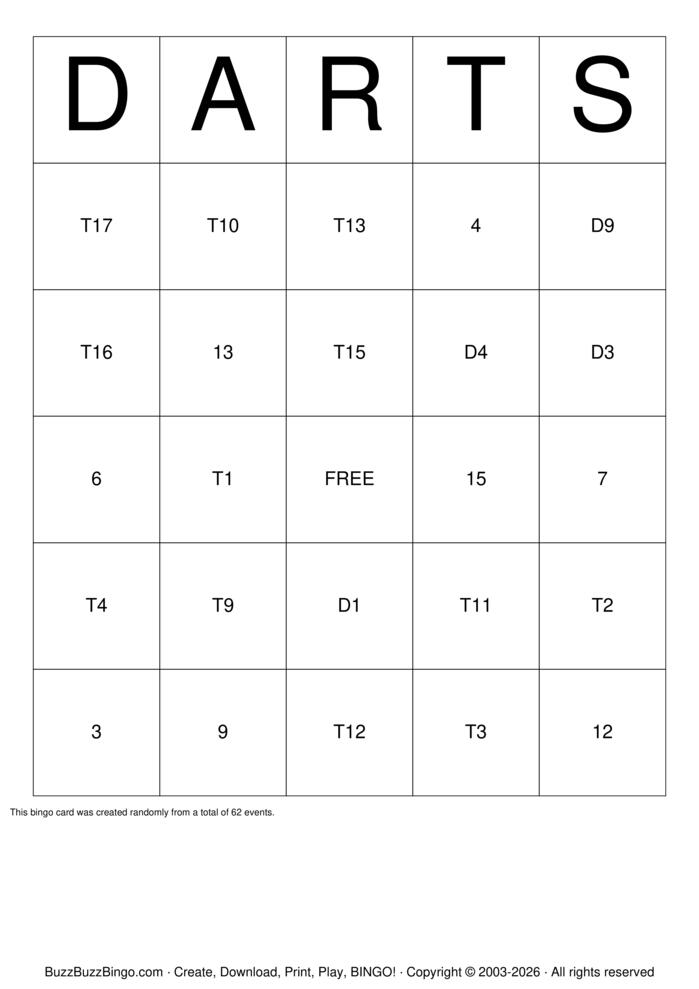 Download Free Darts Bingo Cards Download Free Darts Bingo Cards