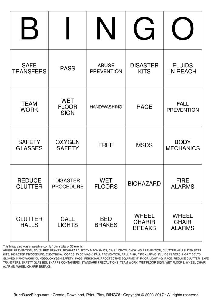 Download Free Fall prevention Bingo Cards
