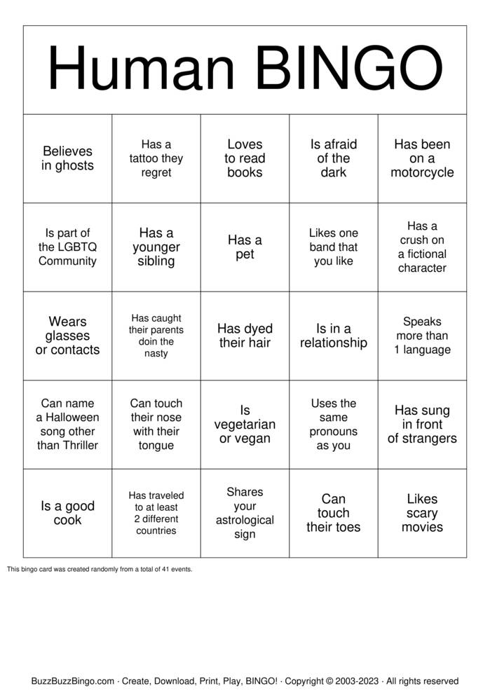 Human BINGO Bingo Cards to Download, Print and Customize!