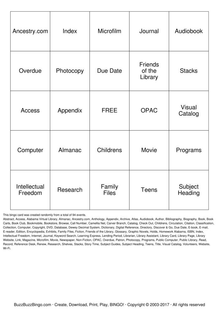 Download Free Library Bingo Bingo Cards