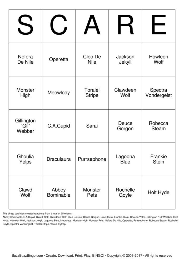 Monster High Bingo Cards to Download, Print and Customize!
