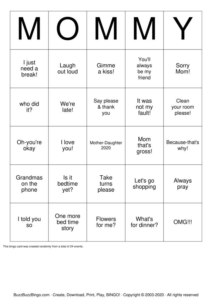 Download Free Mother Daughter Bingo Cards Download Free Mother Daughter Bingo Cards