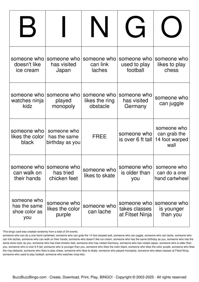 Download Free NINJA Bingo Cards