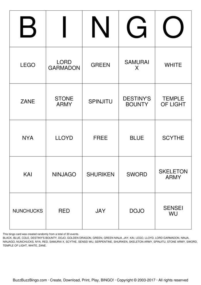 Download Free NINJA Bingo Cards