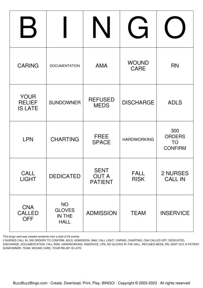 Download Free Nurse Bingo Cards Download Free Nurse Bingo Cards