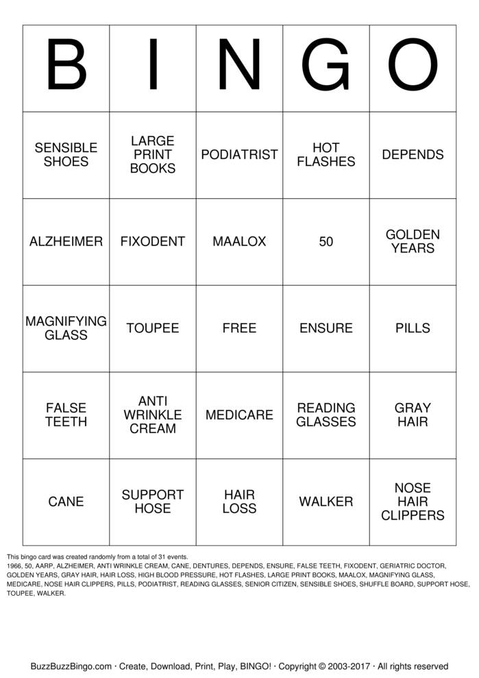 Download Free OVER THE HILL Bingo Cards