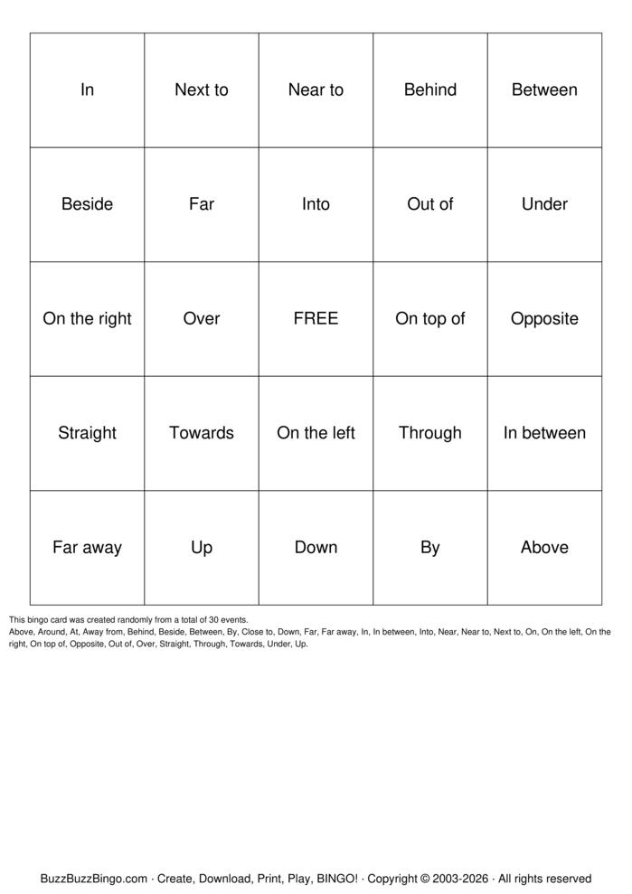 Download Free Prepositions of place Bingo Cards Download Free Prepositions of place Bingo Cards