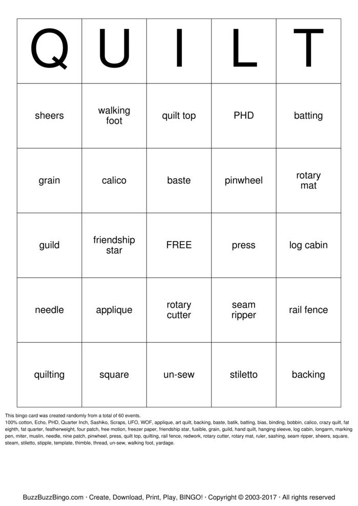 QUILT Bingo Cards to Download, Print and Customize!