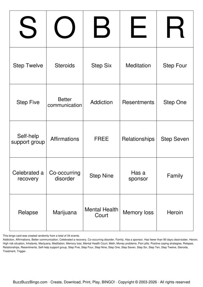 Download Free Recovery Bingo Bingo Cards