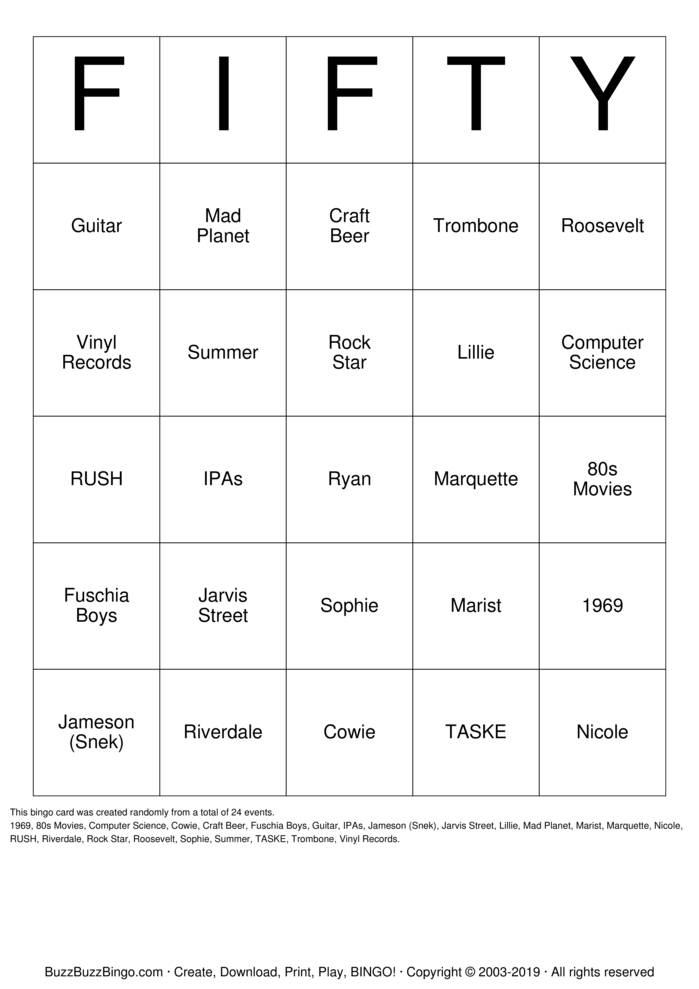 Download Free Ryan's 50th Birthday Bingo Cards