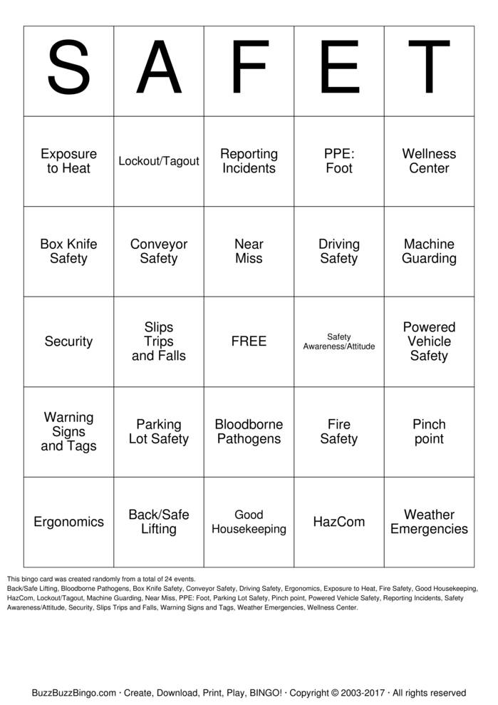 Download Free SAFE-T Bingo Cards