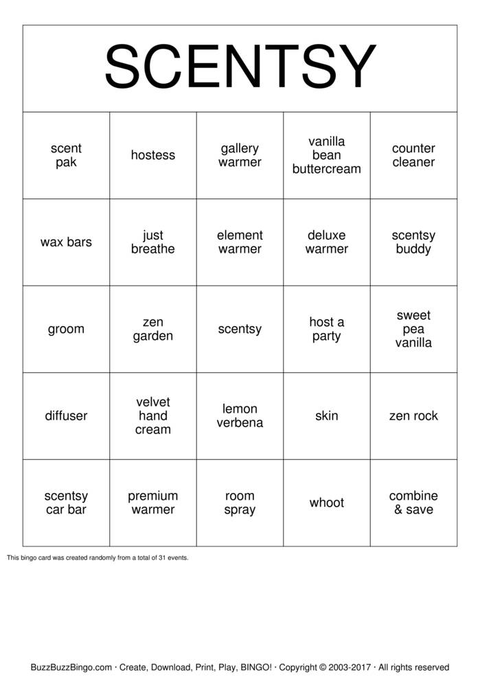 SCENTSY Bingo Cards to Download, Print and Customize!