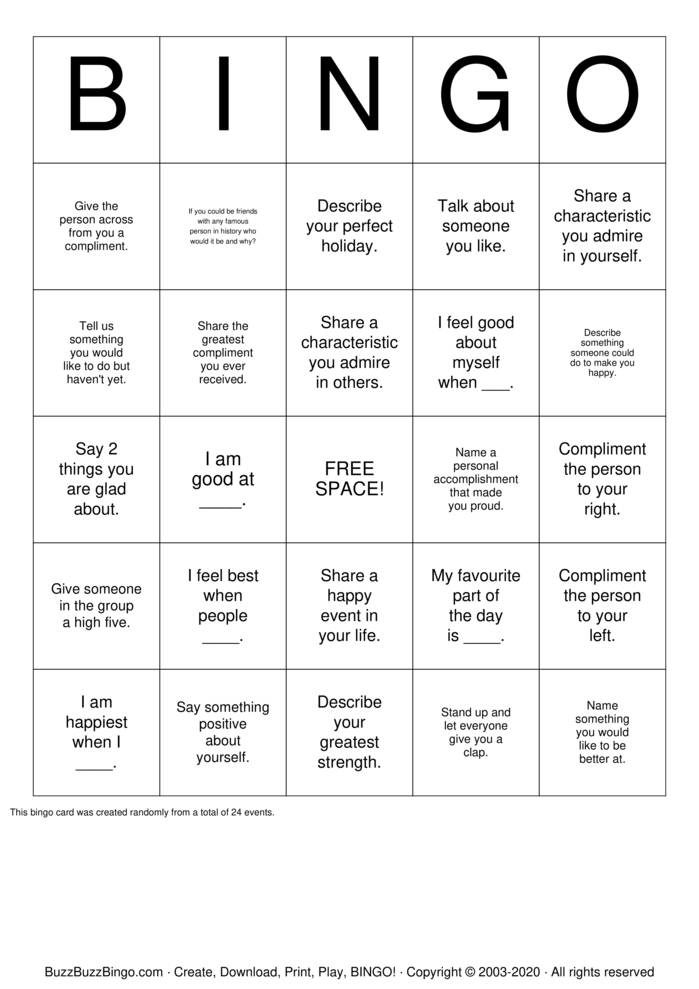 Download Free Self Esteem Bingo Cards